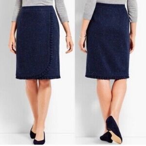 TALBOTS NAVY BLUE DONEGAL TWEED SHETLAND WOOL RUFFLE WRAP MIDI SKIRT SIZE 10P